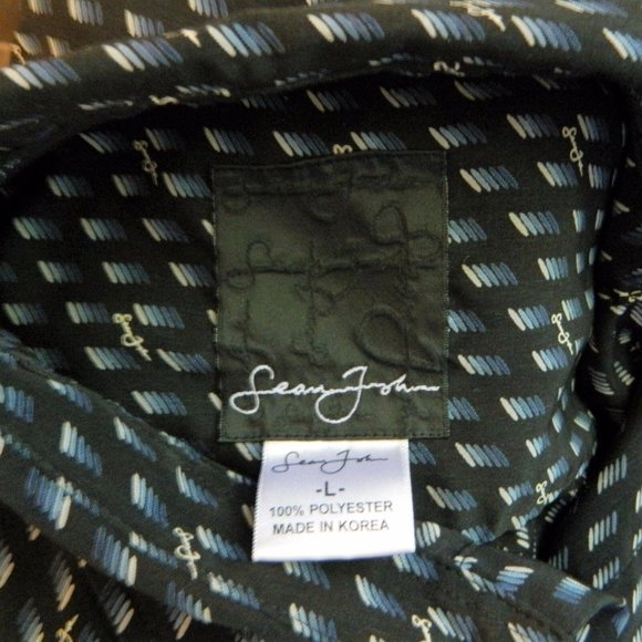 Sean John Dress Shirt L Black Logo Blue Lines Long Sleeve Cuff Polyester - Picture 6 of 6